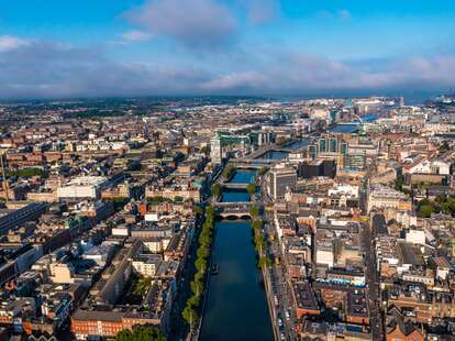 An aerial view of Dublin, Ireland during a cloudy day. 