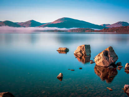 large rocks in milarrochy bay, loch lomond, scotland