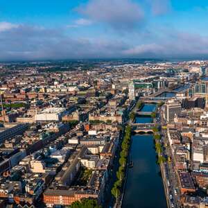 An aerial view of Dublin, Ireland during a cloudy day. 